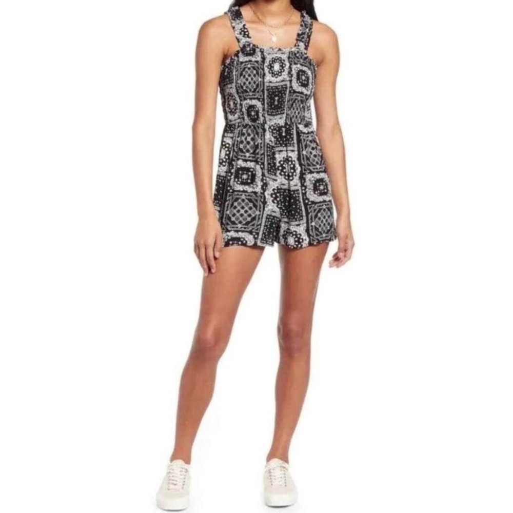 BP. Women's Square Neck Sleeveless Smocked Bodice Rayon Romper in Black Bandana